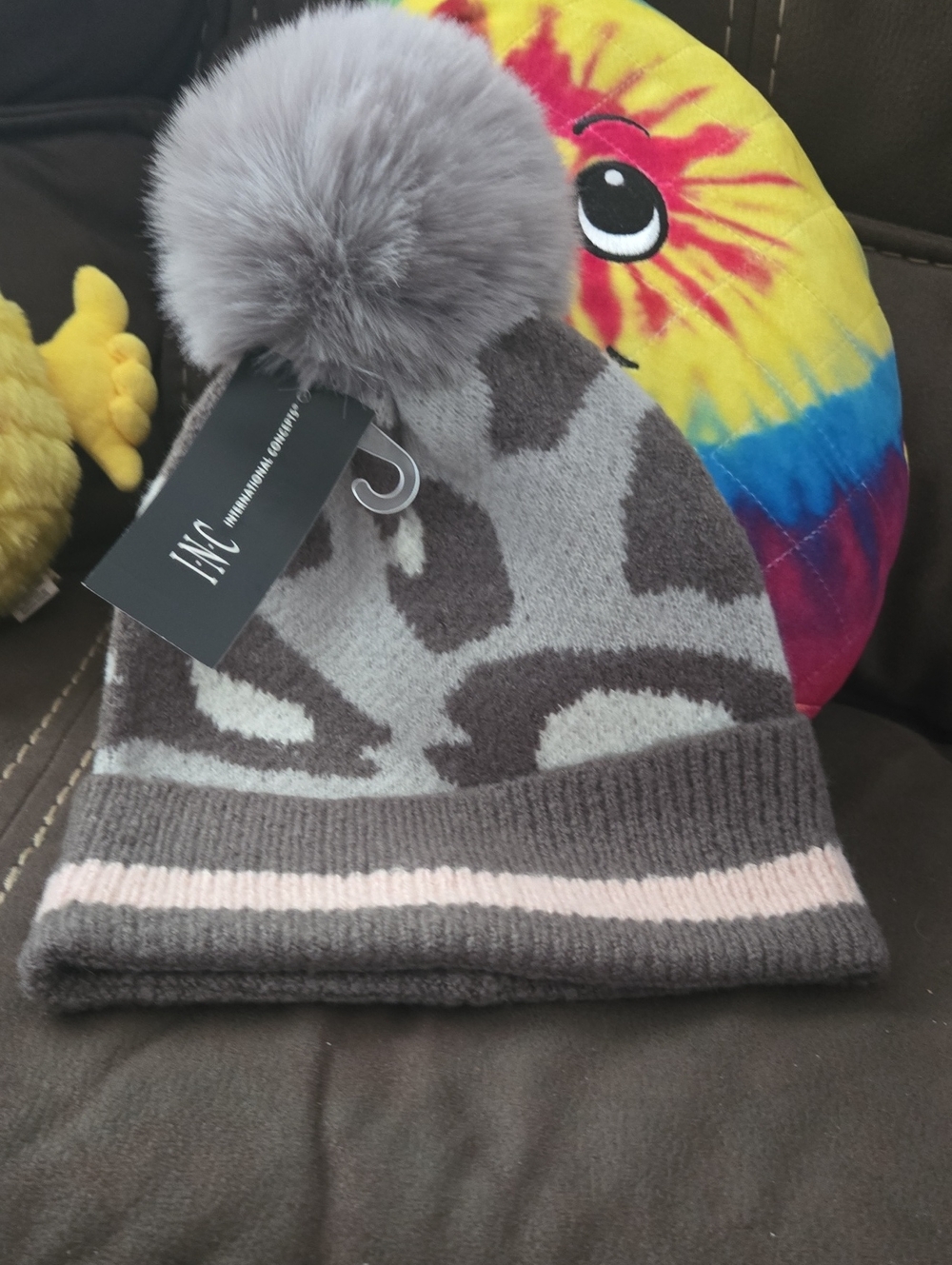 INC International Concepts Kids Gray Beanie with Light Pink Stripe and Pom
